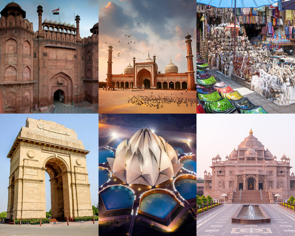 Delhi:- Red Fort, Jama Masjid, Chandni Chowk, India Gate, Lotus Temple, Akshardham. Delhi:- Red Fort, Jama Masjid, Chandni Chowk, India Gate, Lotus Temple, Akshardham.